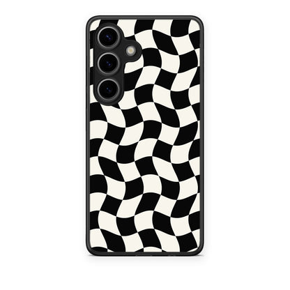 Θήκη Samsung Galaxy S25 Black and Cream Wavy Checkerboard από τη Smartfits με σχέδιο στο πίσω μέρος και μαύρο περίβλημα | Samsung Galaxy S25 Black and Cream Wavy Checkerboard case with colorful back and black bezels