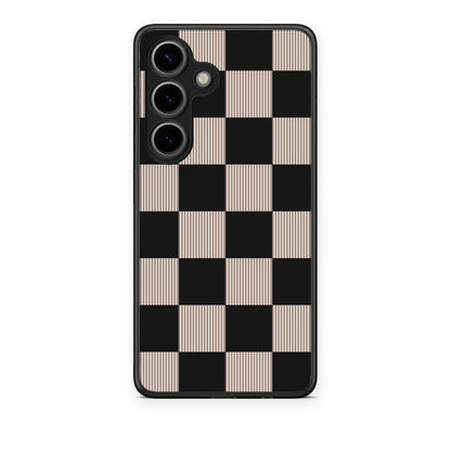 Θήκη Samsung Galaxy S25 Black and Taupe Striped Checks από τη Smartfits με σχέδιο στο πίσω μέρος και μαύρο περίβλημα | Samsung Galaxy S25 Black and Taupe Striped Checks case with colorful back and black bezels