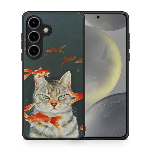 Θήκη Samsung Galaxy S25 Cat Goldfish από τη Smartfits με σχέδιο στο πίσω μέρος και μαύρο περίβλημα | Samsung Galaxy S25 Cat Goldfish case with colorful back and black bezels