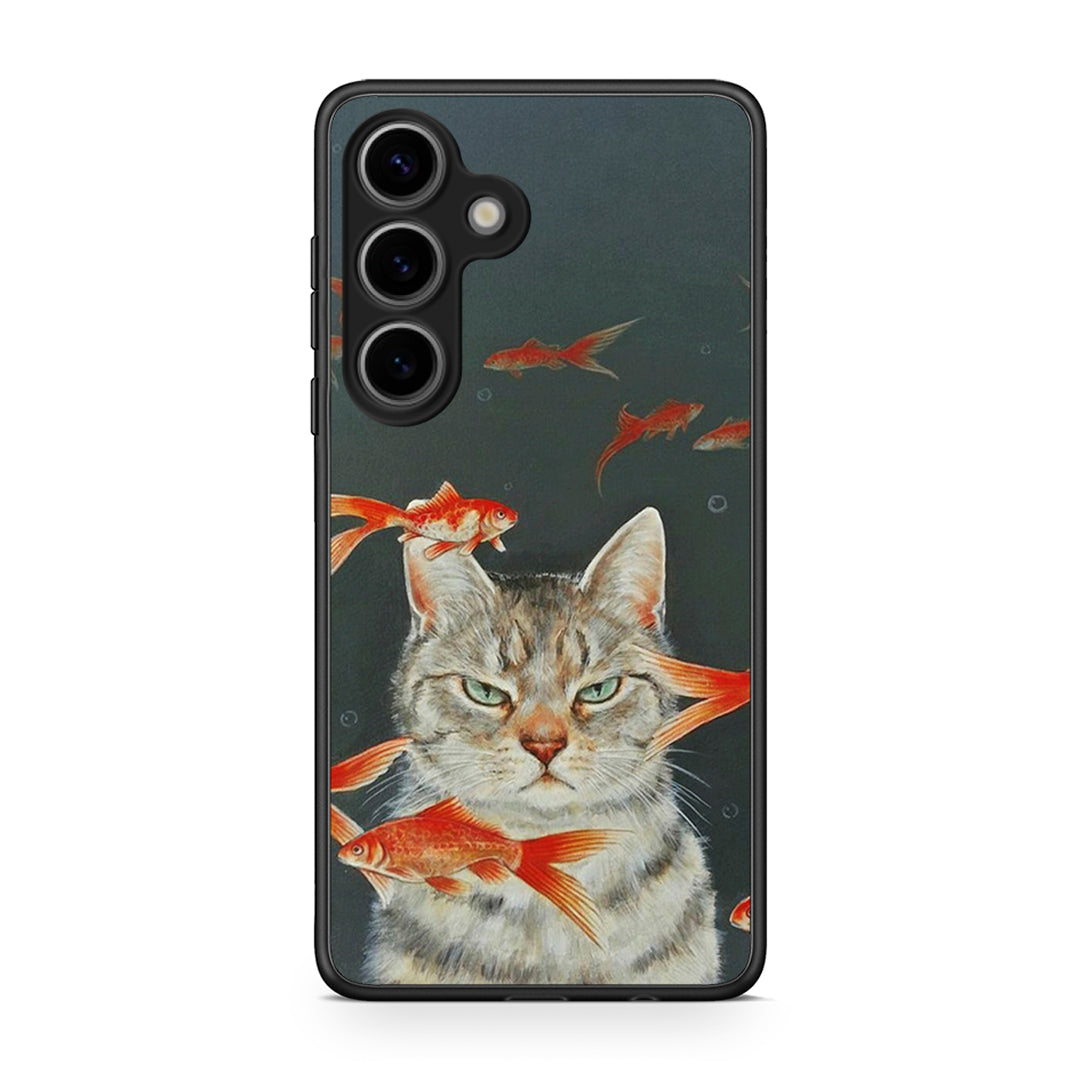 Samsung Galaxy S25 Cat Goldfish θήκη από τη Smartfits με σχέδιο στο πίσω μέρος και μαύρο περίβλημα | Smartphone case with colorful back and black bezels by Smartfits