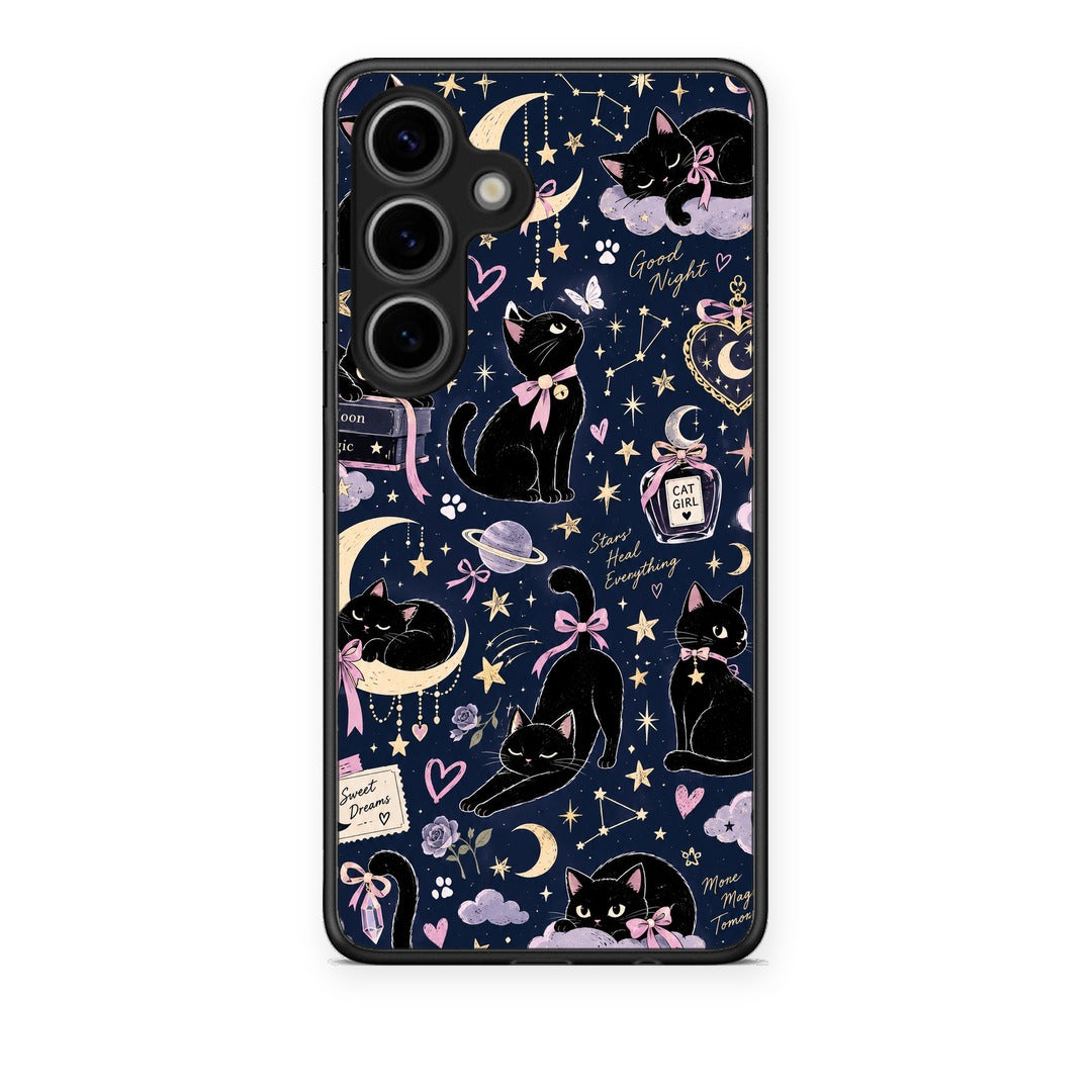 Θήκη Samsung Galaxy S25 Celestial Black Cats on Navy από τη Smartfits με σχέδιο στο πίσω μέρος και μαύρο περίβλημα | Samsung Galaxy S25 Celestial Black Cats on Navy case with colorful back and black bezels