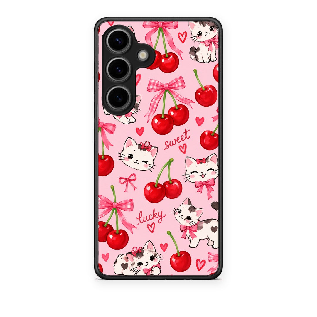 Θήκη Samsung Galaxy S25 Cherries Bows and Kittens on Pink από τη Smartfits με σχέδιο στο πίσω μέρος και μαύρο περίβλημα | Samsung Galaxy S25 Cherries Bows and Kittens on Pink case with colorful back and black bezels