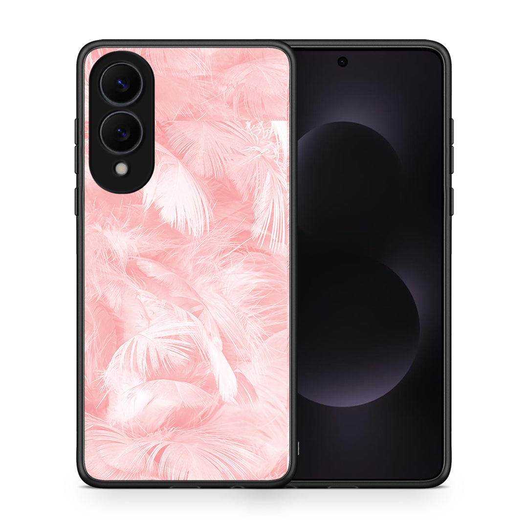 Θήκη Samsung Galaxy S25 Edge 5G Pink Feather Boho από τη Smartfits με σχέδιο στο πίσω μέρος και μαύρο περίβλημα | Samsung Galaxy S25 Edge 5G Pink Feather Boho case with colorful back and black bezels