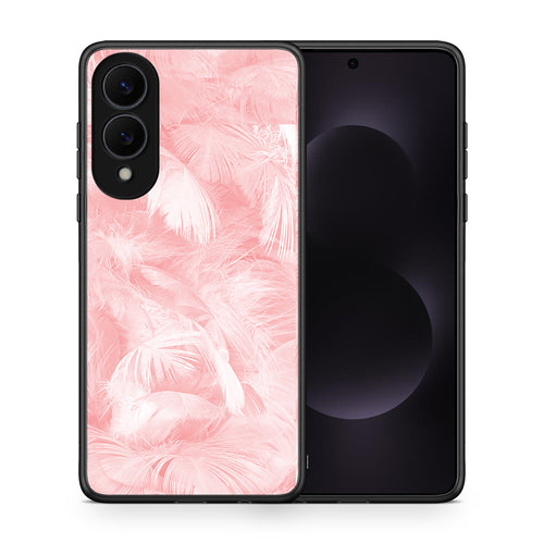 Θήκη Samsung Galaxy S25 Edge 5G Pink Feather Boho από τη Smartfits με σχέδιο στο πίσω μέρος και μαύρο περίβλημα | Samsung Galaxy S25 Edge 5G Pink Feather Boho case with colorful back and black bezels