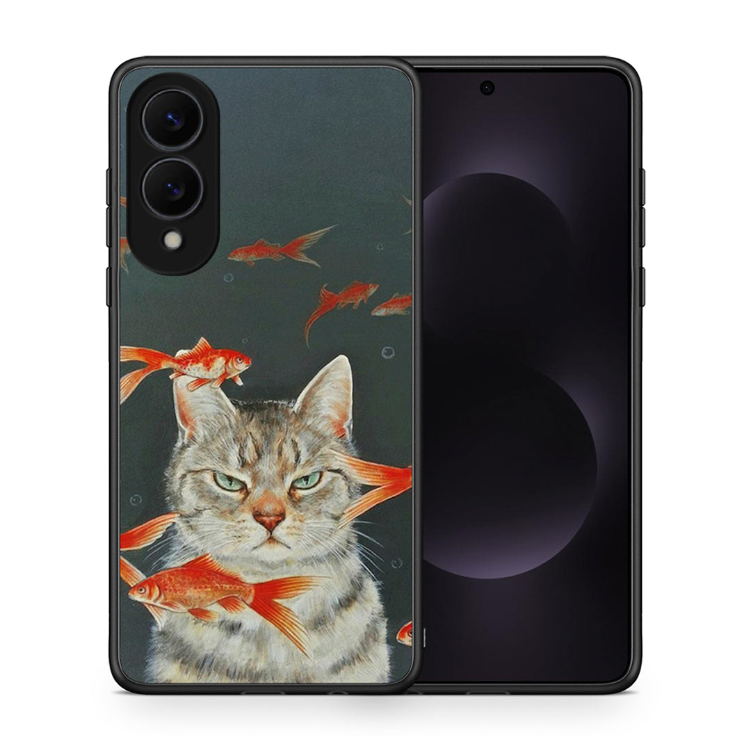 Θήκη Samsung Galaxy S25 Edge 5G Cat Goldfish από τη Smartfits με σχέδιο στο πίσω μέρος και μαύρο περίβλημα | Samsung Galaxy S25 Edge 5G Cat Goldfish case with colorful back and black bezels