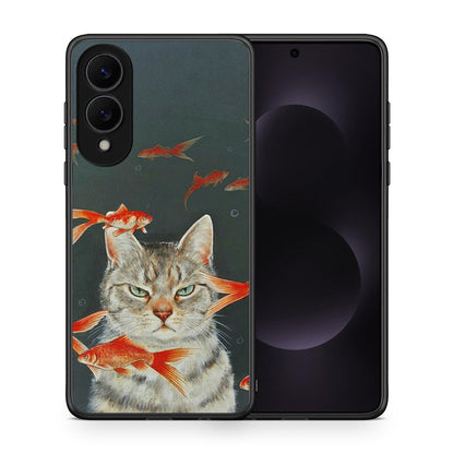 Θήκη Samsung Galaxy S25 Edge 5G Cat Goldfish από τη Smartfits με σχέδιο στο πίσω μέρος και μαύρο περίβλημα | Samsung Galaxy S25 Edge 5G Cat Goldfish case with colorful back and black bezels