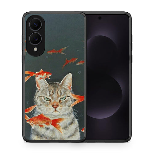 Θήκη Samsung Galaxy S25 Edge 5G Cat Goldfish από τη Smartfits με σχέδιο στο πίσω μέρος και μαύρο περίβλημα | Samsung Galaxy S25 Edge 5G Cat Goldfish case with colorful back and black bezels