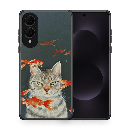 Θήκη Samsung Galaxy S25 Edge 5G Cat Goldfish από τη Smartfits με σχέδιο στο πίσω μέρος και μαύρο περίβλημα | Samsung Galaxy S25 Edge 5G Cat Goldfish case with colorful back and black bezels