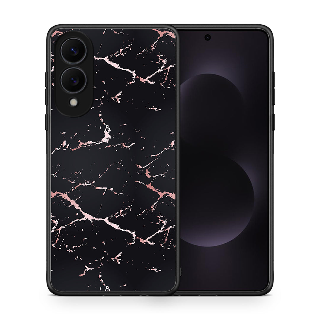 Θήκη Samsung Galaxy S25 Edge 5G Black Rosegold Marble από τη Smartfits με σχέδιο στο πίσω μέρος και μαύρο περίβλημα | Samsung Galaxy S25 Edge 5G Black Rosegold Marble case with colorful back and black bezels