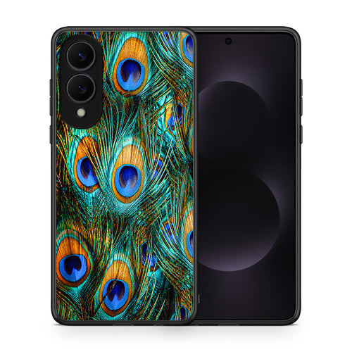 Θήκη Samsung Galaxy S25 Edge 5G Real Peacock Feathers από τη Smartfits με σχέδιο στο πίσω μέρος και μαύρο περίβλημα | Samsung Galaxy S25 Edge 5G Real Peacock Feathers case with colorful back and black bezels