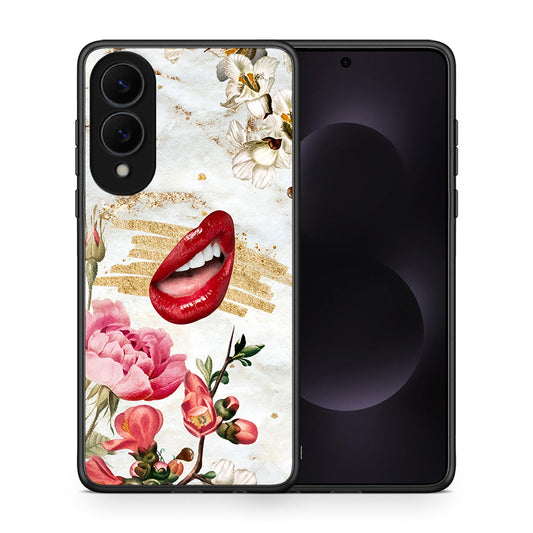 Θήκη Samsung Galaxy S25 Edge 5G Red Lips από τη Smartfits με σχέδιο στο πίσω μέρος και μαύρο περίβλημα | Samsung Galaxy S25 Edge 5G Red Lips case with colorful back and black bezels