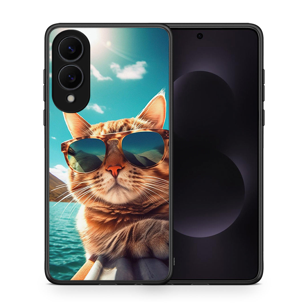 Θήκη Samsung Galaxy S25 Edge 5G Summer Cat από τη Smartfits με σχέδιο στο πίσω μέρος και μαύρο περίβλημα | Samsung Galaxy S25 Edge 5G Summer Cat case with colorful back and black bezels