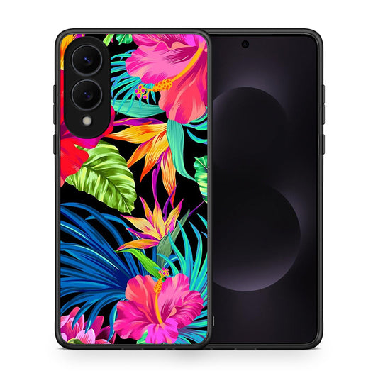 Θήκη Samsung Galaxy S25 Edge 5G Tropical Flowers από τη Smartfits με σχέδιο στο πίσω μέρος και μαύρο περίβλημα | Samsung Galaxy S25 Edge 5G Tropical Flowers case with colorful back and black bezels