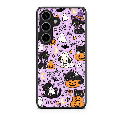 Θήκη Samsung Galaxy S25 Halloween Black Cats on Lilac από τη Smartfits με σχέδιο στο πίσω μέρος και μαύρο περίβλημα | Samsung Galaxy S25 Halloween Black Cats on Lilac case with colorful back and black bezels