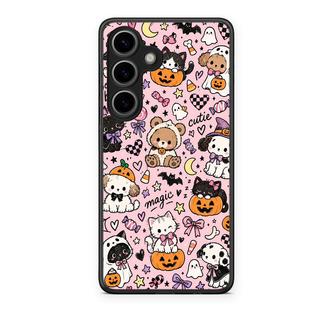 Θήκη Samsung Galaxy S25 Halloween Cute Animals on Pink από τη Smartfits με σχέδιο στο πίσω μέρος και μαύρο περίβλημα | Samsung Galaxy S25 Halloween Cute Animals on Pink case with colorful back and black bezels