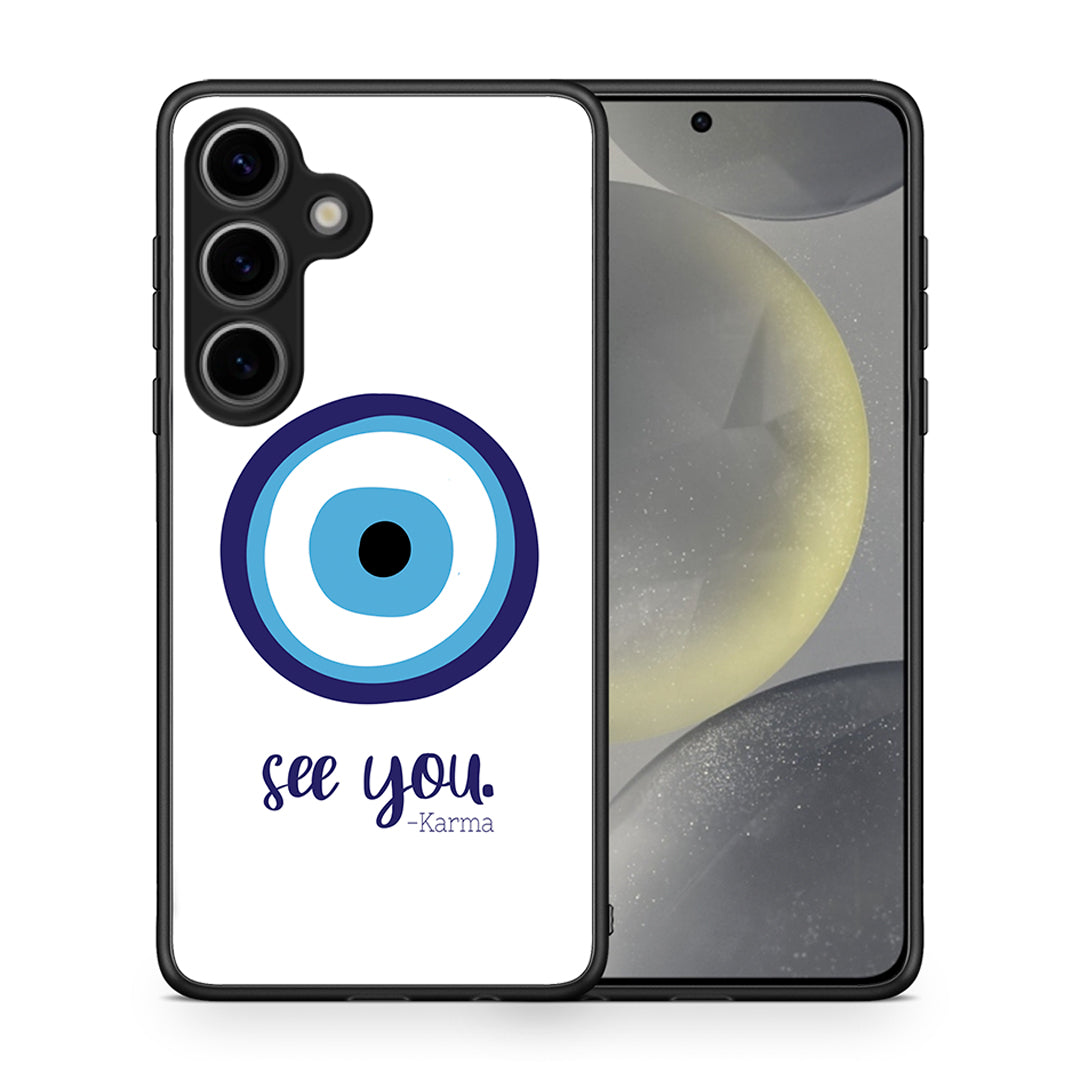 Θήκη Samsung Galaxy S25 Karma Says από τη Smartfits με σχέδιο στο πίσω μέρος και μαύρο περίβλημα | Samsung Galaxy S25 Karma Says case with colorful back and black bezels