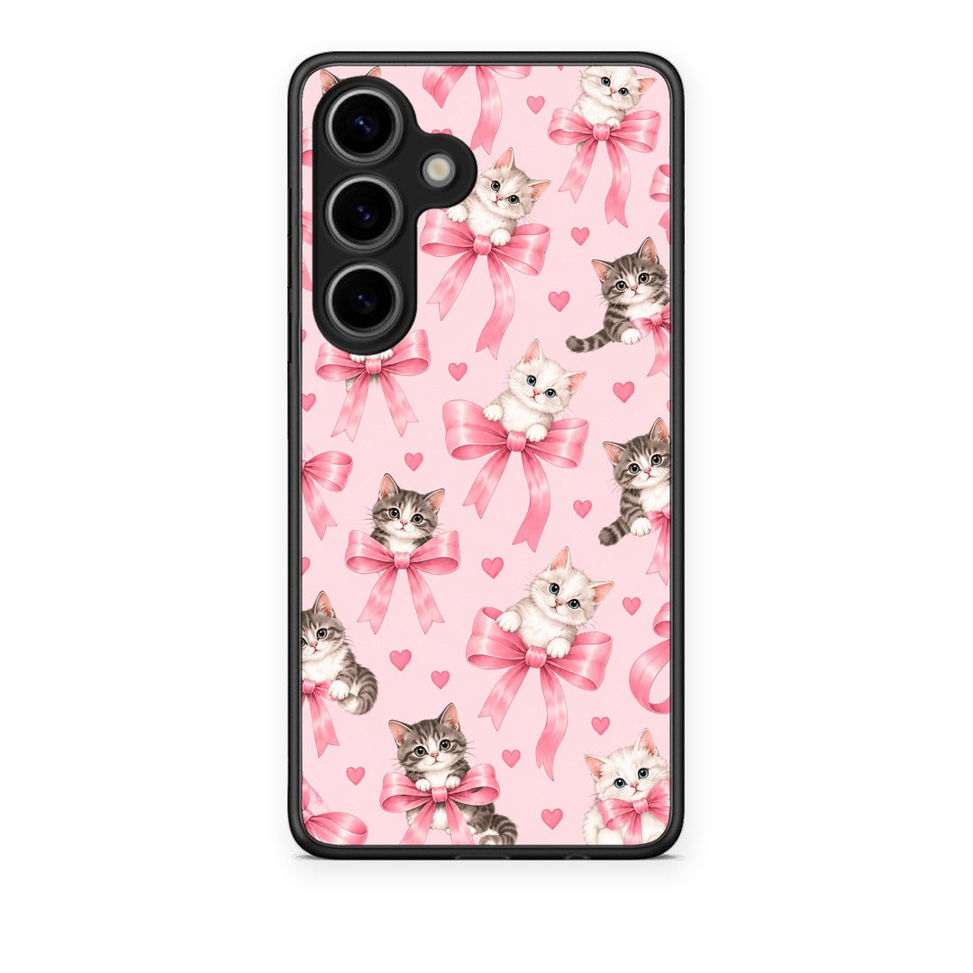 Θήκη Samsung Galaxy S25 Kittens and Pink Bows on Pink από τη Smartfits με σχέδιο στο πίσω μέρος και μαύρο περίβλημα | Samsung Galaxy S25 Kittens and Pink Bows on Pink case with colorful back and black bezels