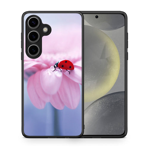 Θήκη Samsung Galaxy S25 Ladybug Flower από τη Smartfits με σχέδιο στο πίσω μέρος και μαύρο περίβλημα | Samsung Galaxy S25 Ladybug Flower case with colorful back and black bezels