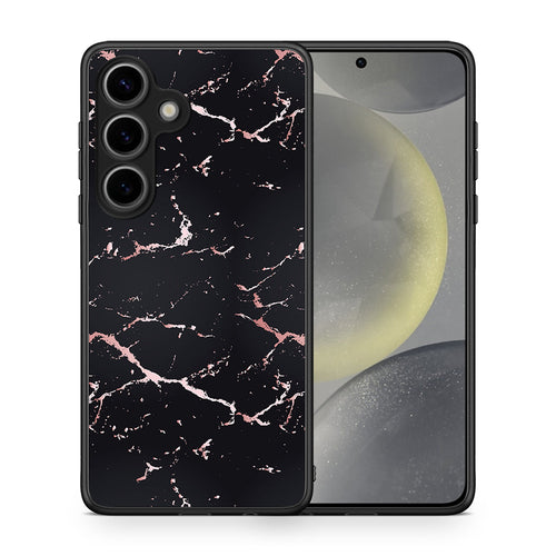 Θήκη Samsung Galaxy S25 Black Rosegold Marble από τη Smartfits με σχέδιο στο πίσω μέρος και μαύρο περίβλημα | Samsung Galaxy S25 Black Rosegold Marble case with colorful back and black bezels