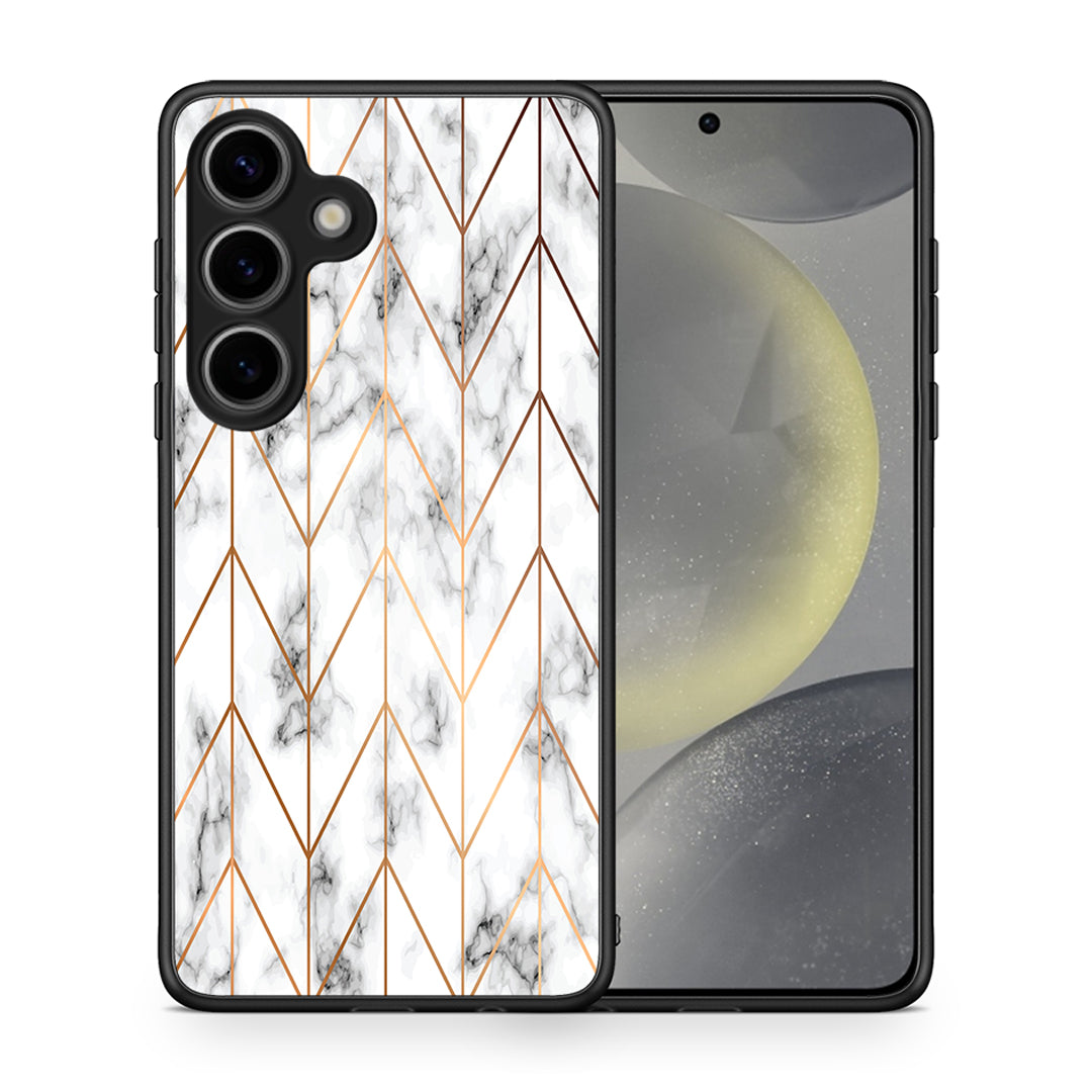 Θήκη Samsung Galaxy S25 Gold Geometric Marble από τη Smartfits με σχέδιο στο πίσω μέρος και μαύρο περίβλημα | Samsung Galaxy S25 Gold Geometric Marble case with colorful back and black bezels