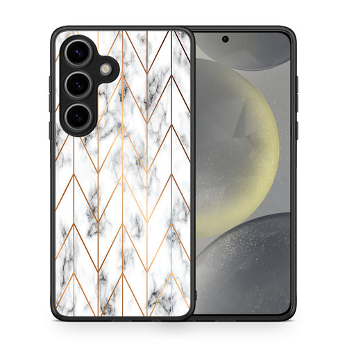 Θήκη Samsung Galaxy S25 Gold Geometric Marble από τη Smartfits με σχέδιο στο πίσω μέρος και μαύρο περίβλημα | Samsung Galaxy S25 Gold Geometric Marble case with colorful back and black bezels