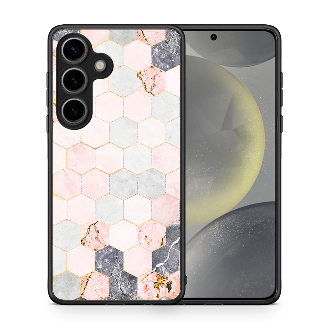 Θήκη Samsung Galaxy S25 Hexagon Pink Marble από τη Smartfits με σχέδιο στο πίσω μέρος και μαύρο περίβλημα | Samsung Galaxy S25 Hexagon Pink Marble case with colorful back and black bezels