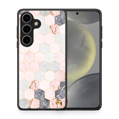Θήκη Samsung Galaxy S25 Hexagon Pink Marble από τη Smartfits με σχέδιο στο πίσω μέρος και μαύρο περίβλημα | Samsung Galaxy S25 Hexagon Pink Marble case with colorful back and black bezels