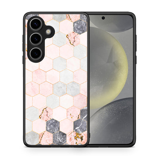 Θήκη Samsung Galaxy S25 Hexagon Pink Marble από τη Smartfits με σχέδιο στο πίσω μέρος και μαύρο περίβλημα | Samsung Galaxy S25 Hexagon Pink Marble case with colorful back and black bezels