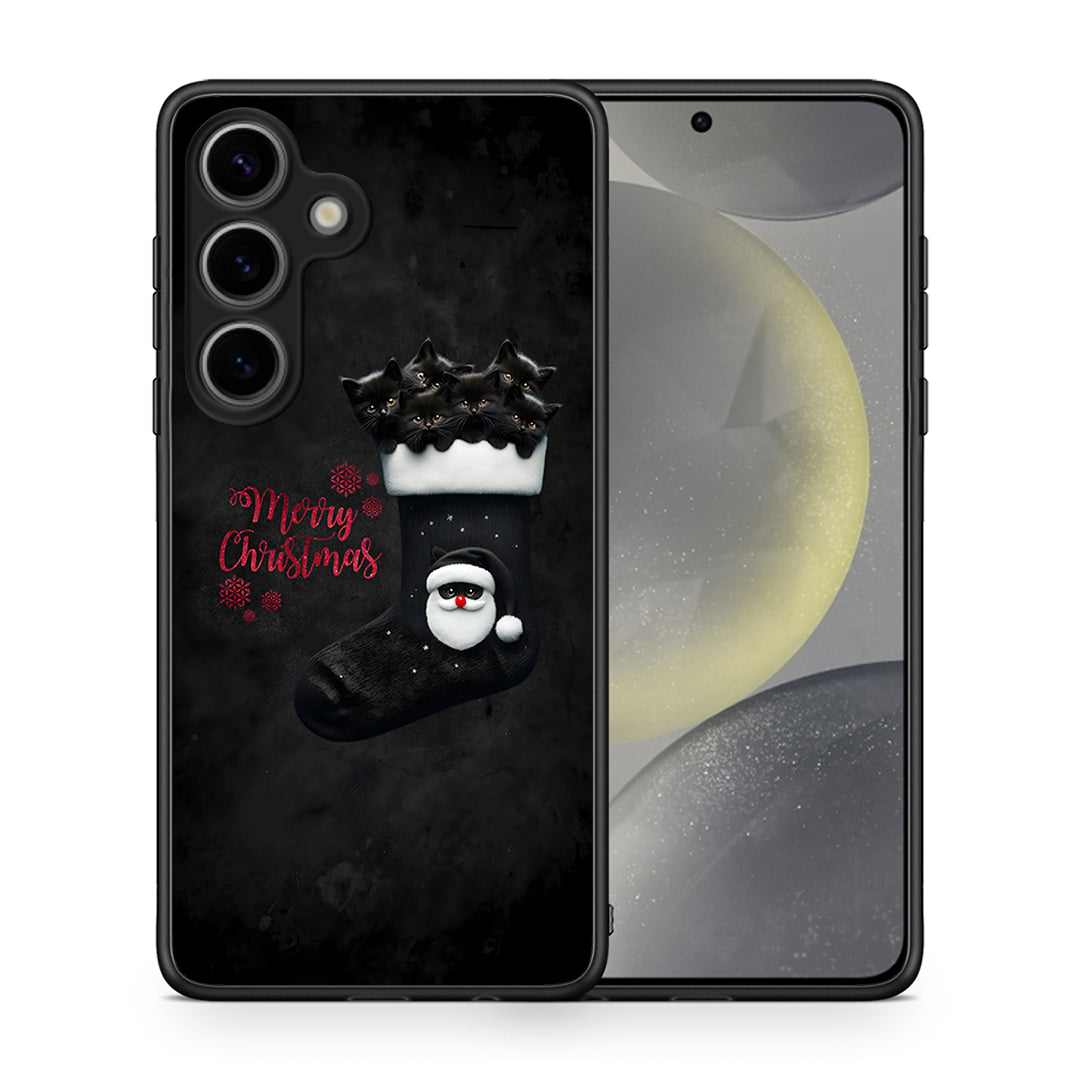 Θήκη Samsung Galaxy S25 Merry Cat Christmas από τη Smartfits με σχέδιο στο πίσω μέρος και μαύρο περίβλημα | Samsung Galaxy S25 Merry Cat Christmas case with colorful back and black bezels