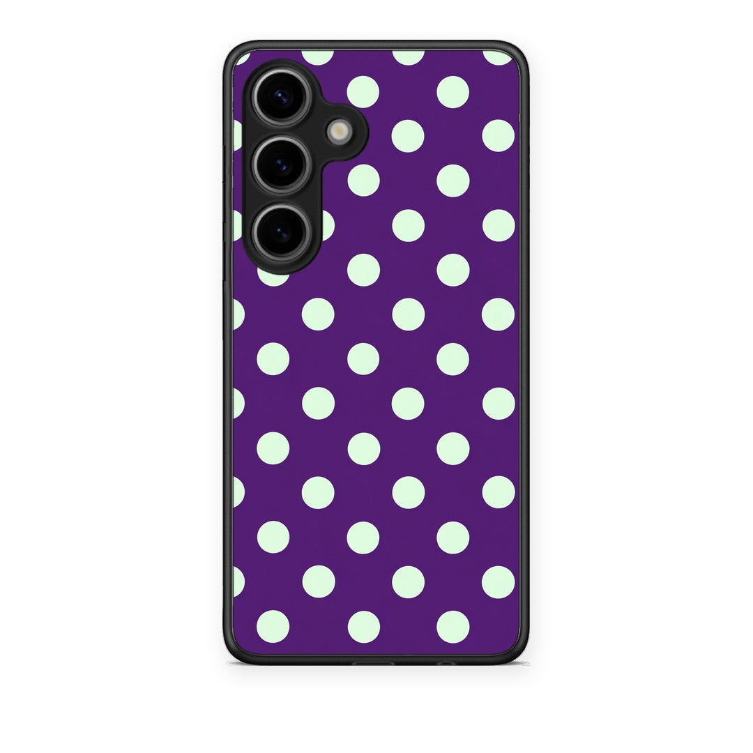 Θήκη Samsung Galaxy S25 Mint Polka Dots on Purple από τη Smartfits με σχέδιο στο πίσω μέρος και μαύρο περίβλημα | Samsung Galaxy S25 Mint Polka Dots on Purple case with colorful back and black bezels