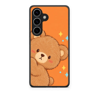 Θήκη Samsung Galaxy S25 Peekaboo Teddy on Orange από τη Smartfits με σχέδιο στο πίσω μέρος και μαύρο περίβλημα | Samsung Galaxy S25 Peekaboo Teddy on Orange case with colorful back and black bezels