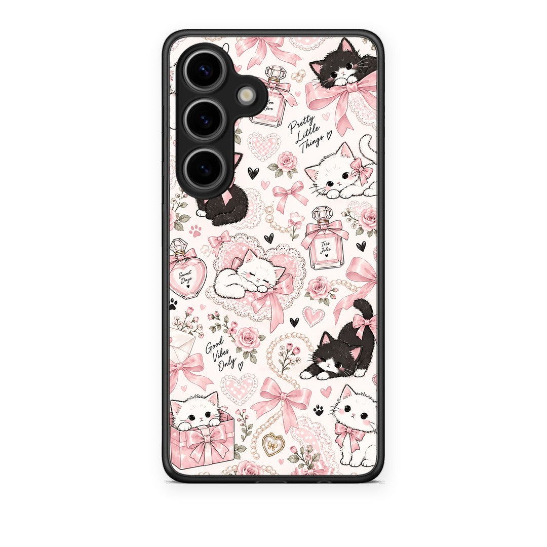 Θήκη Samsung Galaxy S25 Pink Bows and Kittens Collage από τη Smartfits με σχέδιο στο πίσω μέρος και μαύρο περίβλημα | Samsung Galaxy S25 Pink Bows and Kittens Collage case with colorful back and black bezels