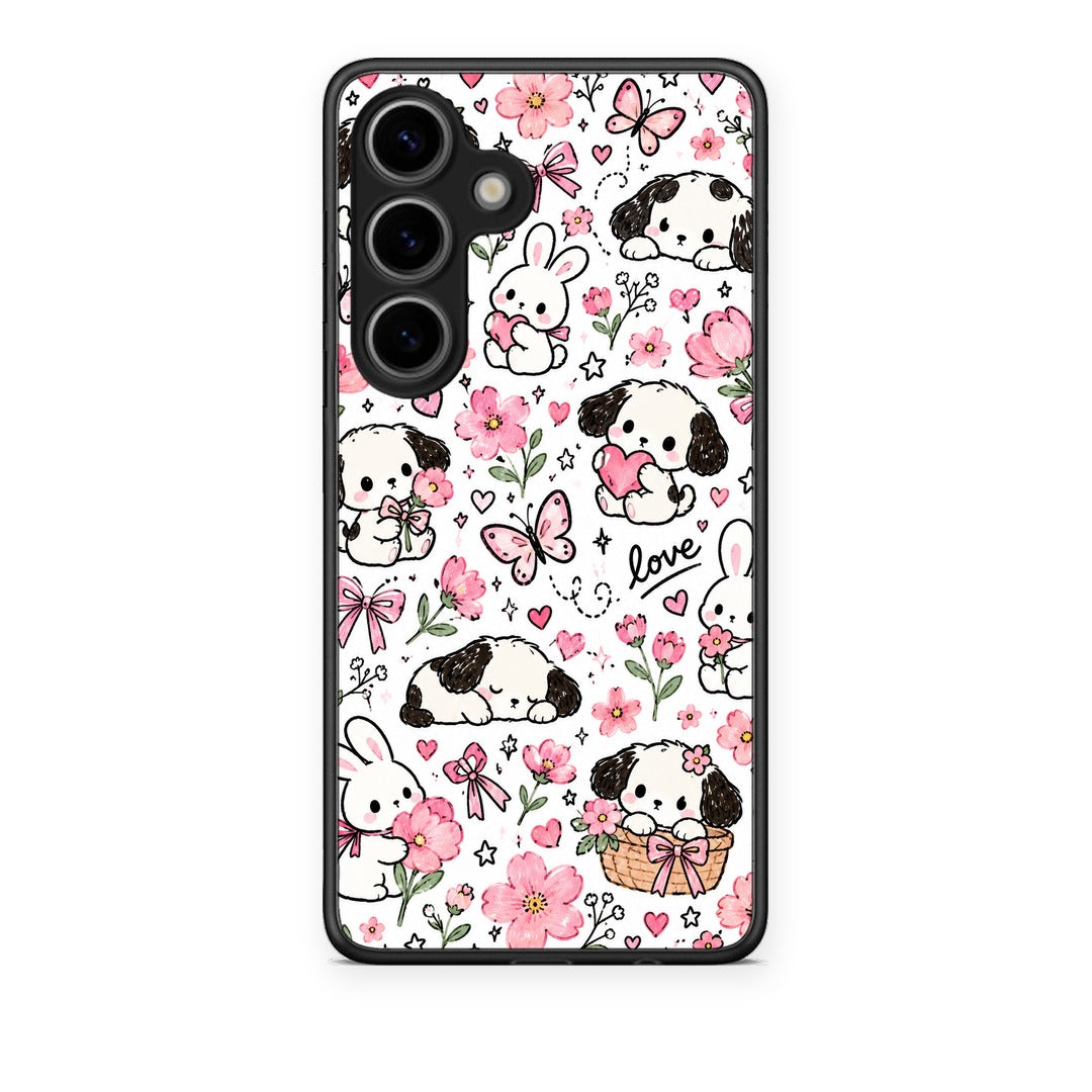 Θήκη Samsung Galaxy S25 Pink Florals Puppies and Bunnies on White από τη Smartfits με σχέδιο στο πίσω μέρος και μαύρο περίβλημα | Samsung Galaxy S25 Pink Florals Puppies and Bunnies on White case with colorful back and black bezels