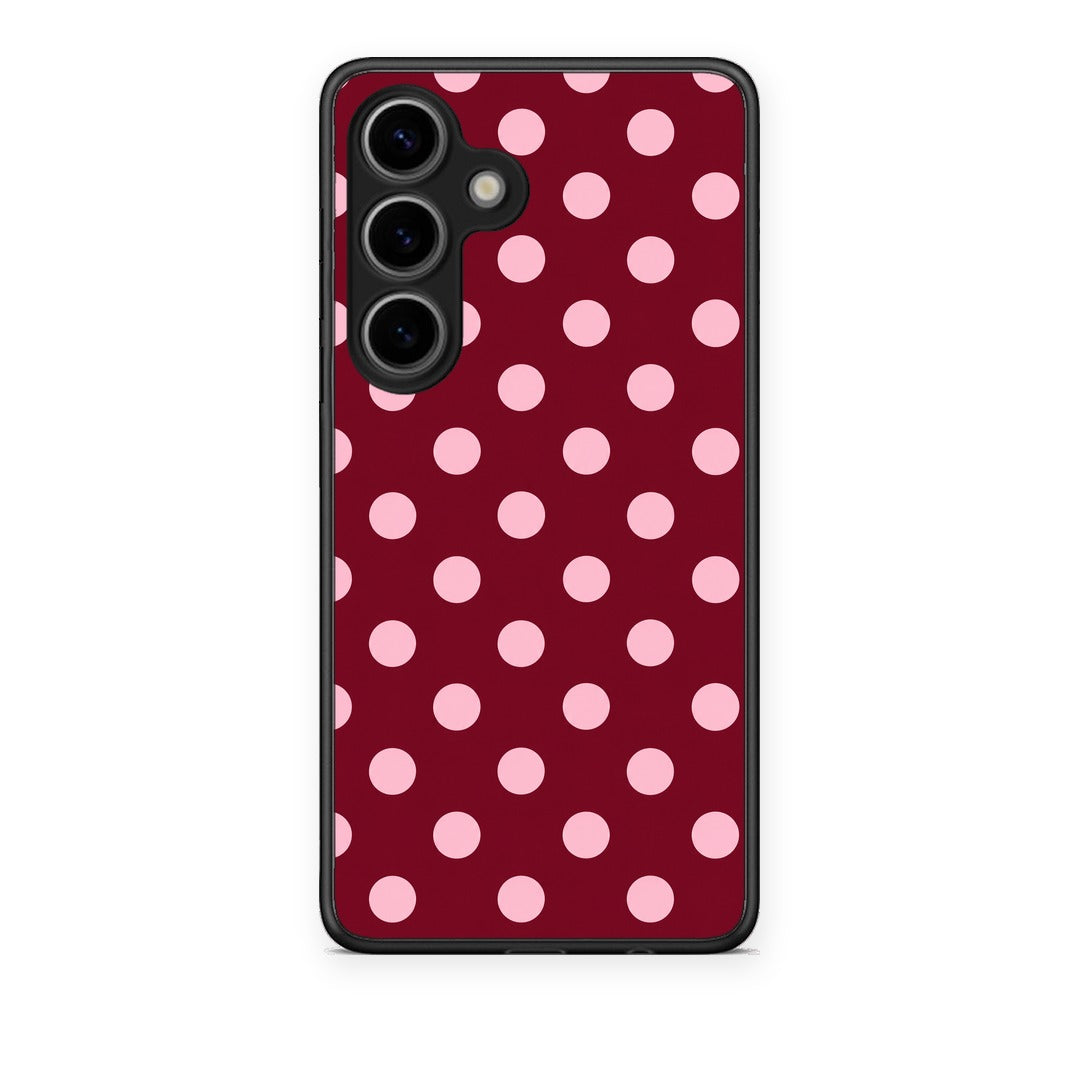 Θήκη Samsung Galaxy S25 Pink Polka Dots on Burgundy από τη Smartfits με σχέδιο στο πίσω μέρος και μαύρο περίβλημα | Samsung Galaxy S25 Pink Polka Dots on Burgundy case with colorful back and black bezels