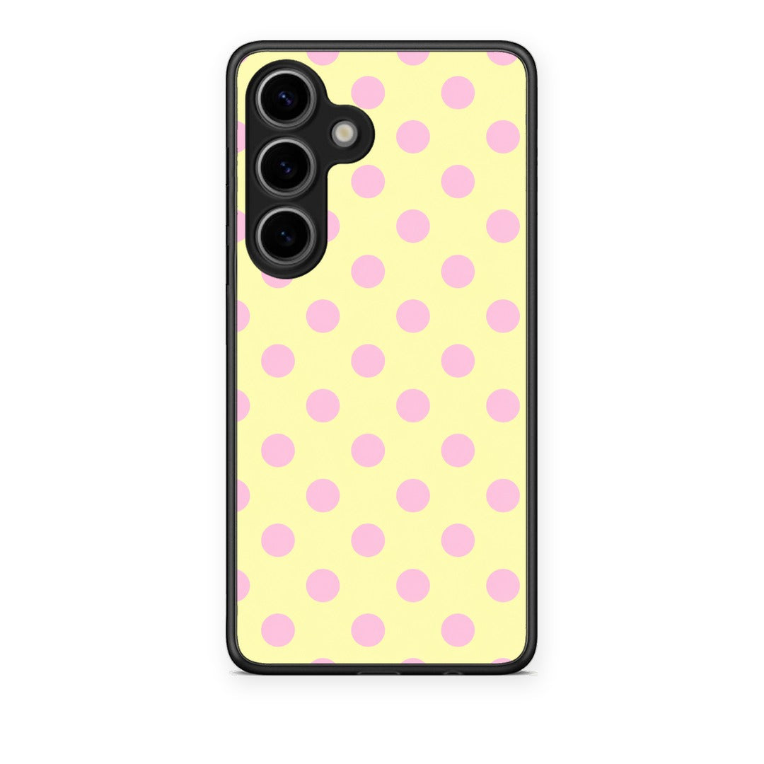 Θήκη Samsung Galaxy S25 Pink Polka Dots on Yellow από τη Smartfits με σχέδιο στο πίσω μέρος και μαύρο περίβλημα | Samsung Galaxy S25 Pink Polka Dots on Yellow case with colorful back and black bezels