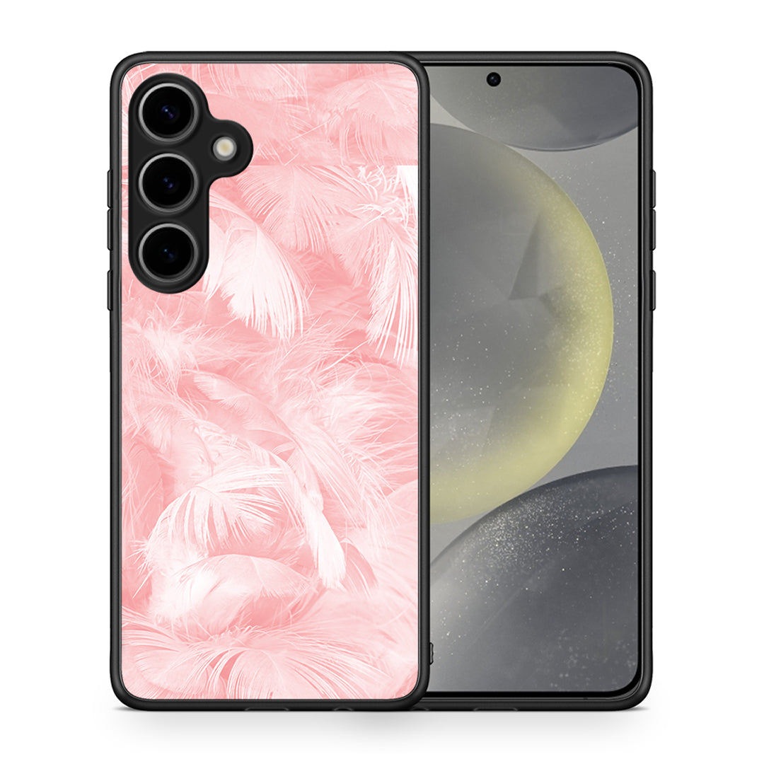 Θήκη Samsung Galaxy S25 Plus Pink Feather Boho από τη Smartfits με σχέδιο στο πίσω μέρος και μαύρο περίβλημα | Samsung Galaxy S25 Plus Pink Feather Boho case with colorful back and black bezels