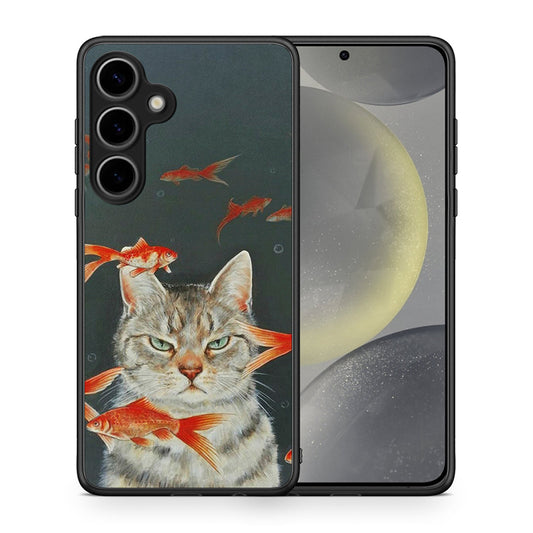 Θήκη Samsung Galaxy S25 Plus Cat Goldfish από τη Smartfits με σχέδιο στο πίσω μέρος και μαύρο περίβλημα | Samsung Galaxy S25 Plus Cat Goldfish case with colorful back and black bezels