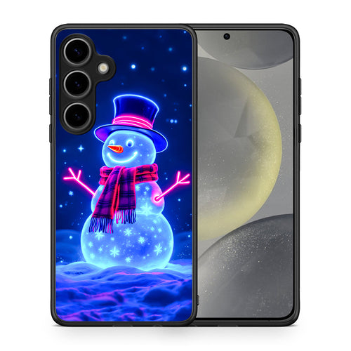 Θήκη Samsung Galaxy S25 Plus Christmas Neon Snowman από τη Smartfits με σχέδιο στο πίσω μέρος και μαύρο περίβλημα | Samsung Galaxy S25 Plus Christmas Neon Snowman case with colorful back and black bezels