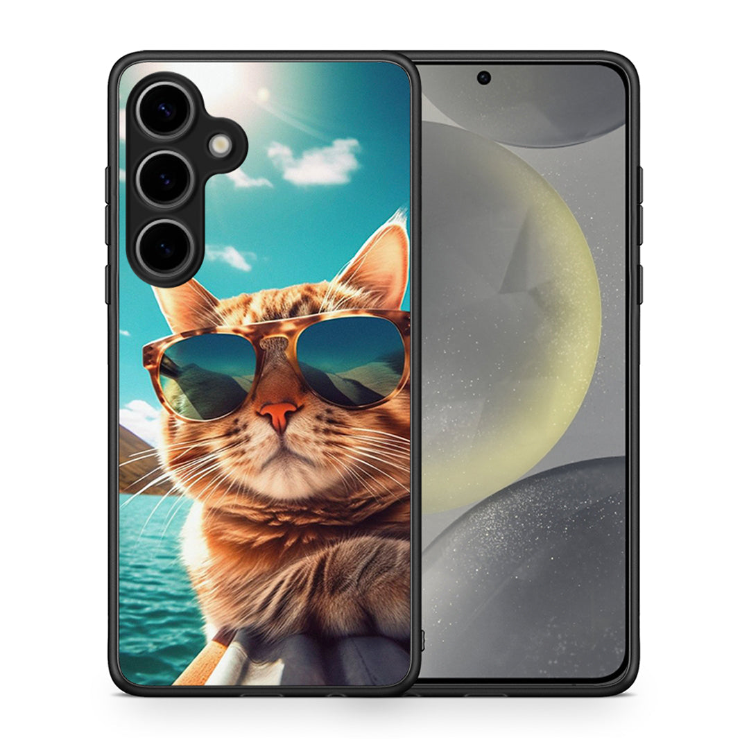Θήκη Samsung Galaxy S25 Plus Summer Cat από τη Smartfits με σχέδιο στο πίσω μέρος και μαύρο περίβλημα | Samsung Galaxy S25 Plus Summer Cat case with colorful back and black bezels