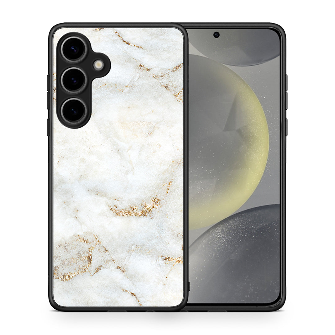 Θήκη Samsung Galaxy S25 Plus White Gold Marble από τη Smartfits με σχέδιο στο πίσω μέρος και μαύρο περίβλημα | Samsung Galaxy S25 Plus White Gold Marble case with colorful back and black bezels