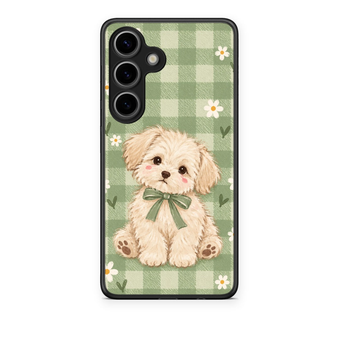 Θήκη Samsung Galaxy S25 Puppy and Daisies on Sage Gingham από τη Smartfits με σχέδιο στο πίσω μέρος και μαύρο περίβλημα | Samsung Galaxy S25 Puppy and Daisies on Sage Gingham case with colorful back and black bezels