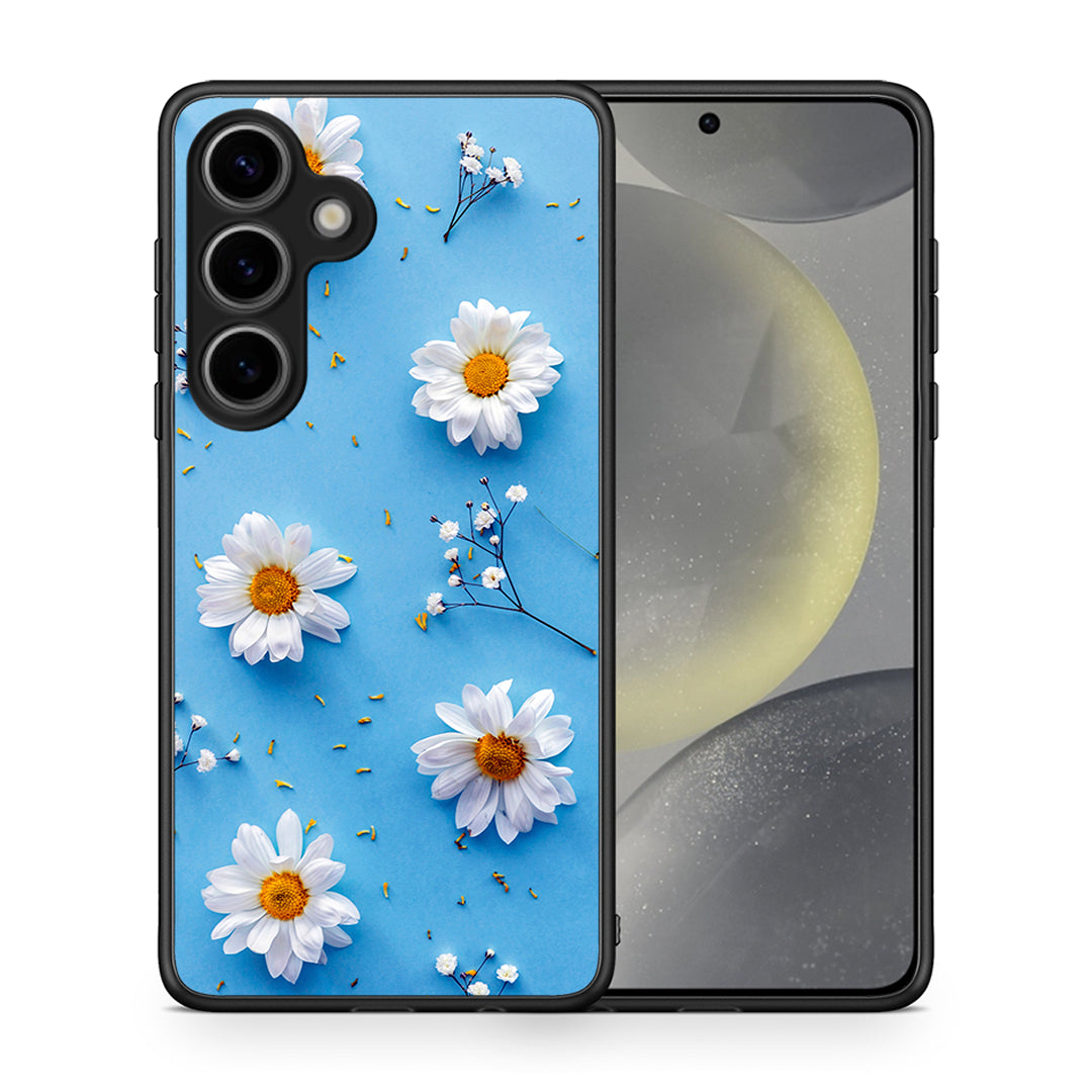 Θήκη Samsung Galaxy S25 Real Daisies από τη Smartfits με σχέδιο στο πίσω μέρος και μαύρο περίβλημα | Samsung Galaxy S25 Real Daisies case with colorful back and black bezels