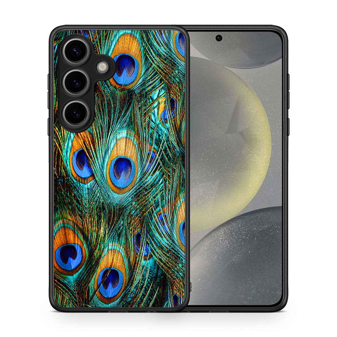 Θήκη Samsung Galaxy S25 Real Peacock Feathers από τη Smartfits με σχέδιο στο πίσω μέρος και μαύρο περίβλημα | Samsung Galaxy S25 Real Peacock Feathers case with colorful back and black bezels
