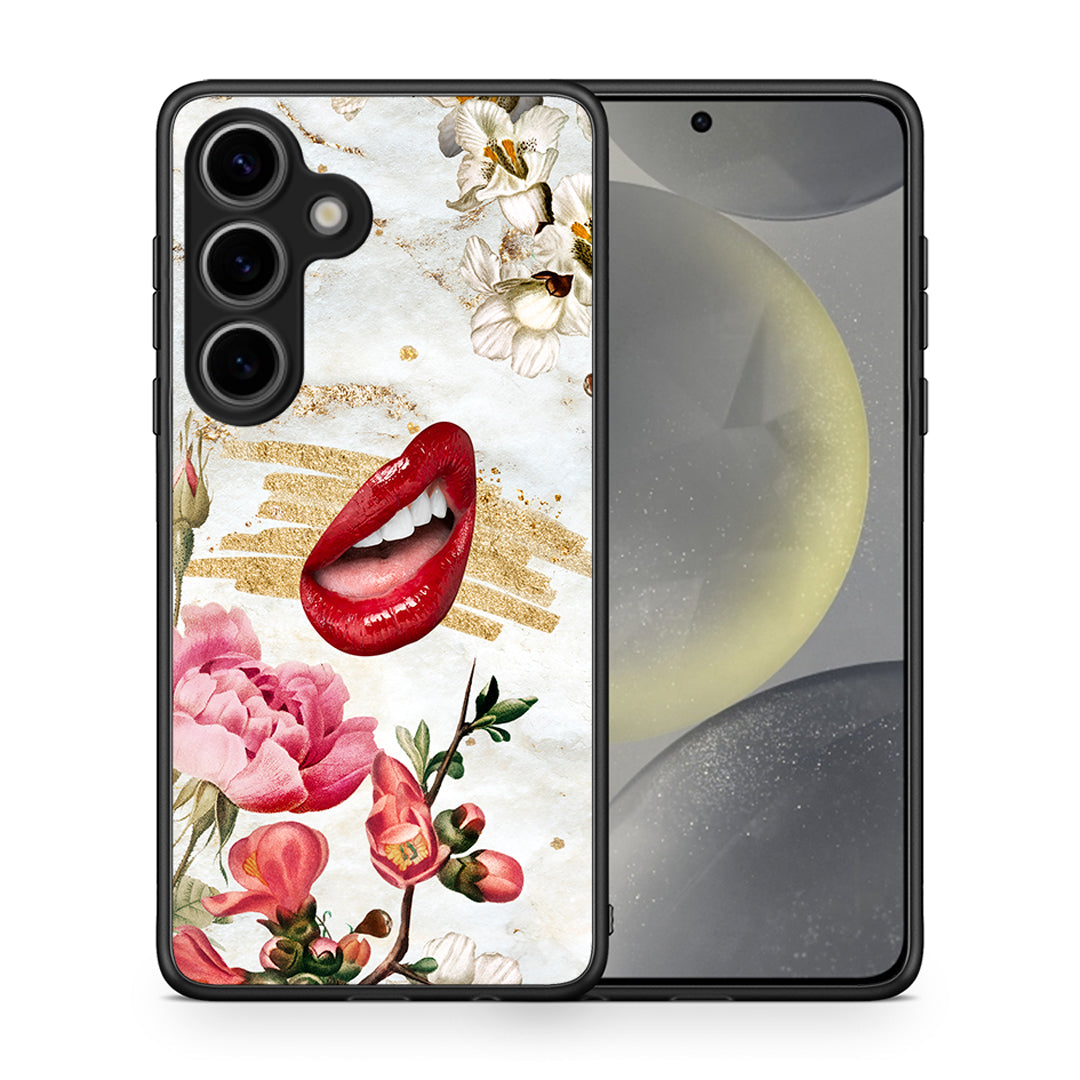 Θήκη Samsung Galaxy S25 Red Lips από τη Smartfits με σχέδιο στο πίσω μέρος και μαύρο περίβλημα | Samsung Galaxy S25 Red Lips case with colorful back and black bezels