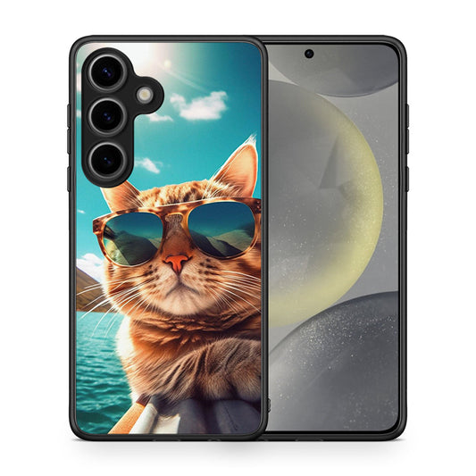 Θήκη Samsung Galaxy S25 Summer Cat από τη Smartfits με σχέδιο στο πίσω μέρος και μαύρο περίβλημα | Samsung Galaxy S25 Summer Cat case with colorful back and black bezels
