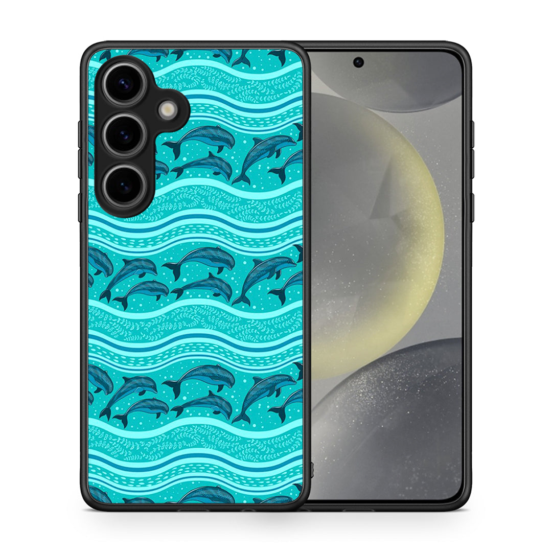 Θήκη Samsung Galaxy S25 Swimming Dolphins από τη Smartfits με σχέδιο στο πίσω μέρος και μαύρο περίβλημα | Samsung Galaxy S25 Swimming Dolphins case with colorful back and black bezels