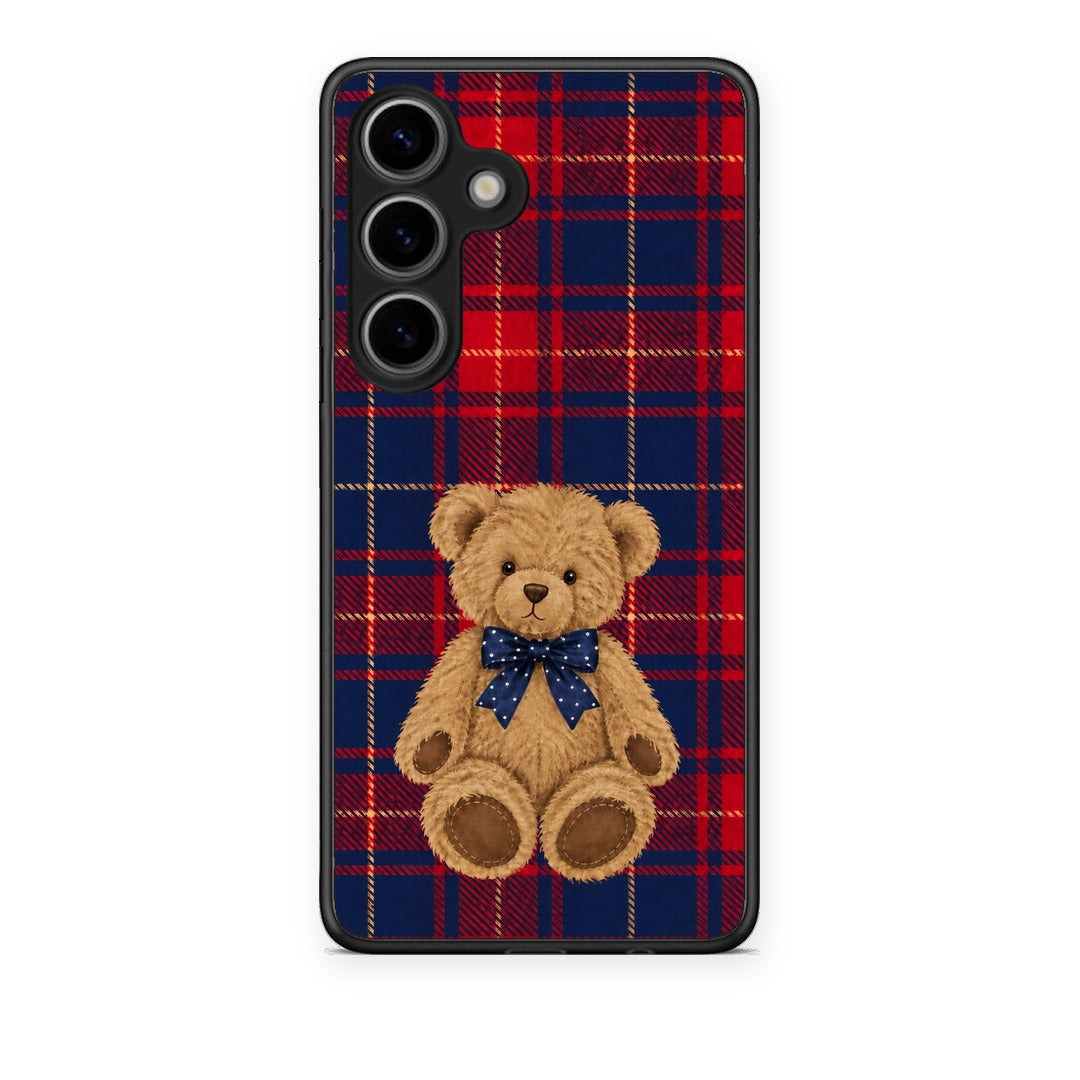 Θήκη Samsung Galaxy S25 Teddy Bear on Red and Navy Tartan από τη Smartfits με σχέδιο στο πίσω μέρος και μαύρο περίβλημα | Samsung Galaxy S25 Teddy Bear on Red and Navy Tartan case with colorful back and black bezels