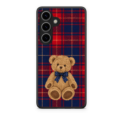 Θήκη Samsung Galaxy S25 Teddy Bear on Red and Navy Tartan από τη Smartfits με σχέδιο στο πίσω μέρος και μαύρο περίβλημα | Samsung Galaxy S25 Teddy Bear on Red and Navy Tartan case with colorful back and black bezels