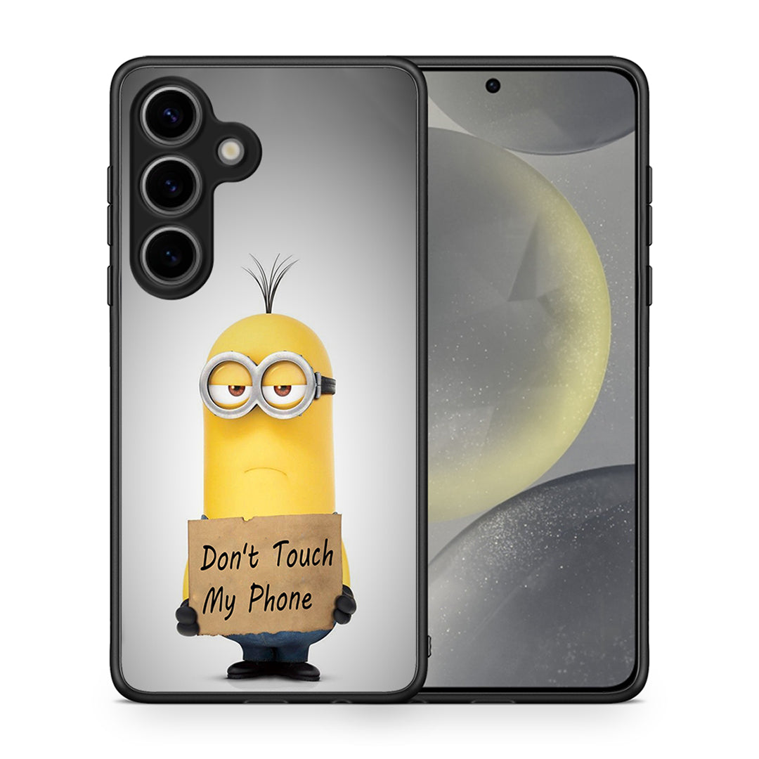Θήκη Samsung Galaxy S25 Minion Text από τη Smartfits με σχέδιο στο πίσω μέρος και μαύρο περίβλημα | Samsung Galaxy S25 Minion Text case with colorful back and black bezels