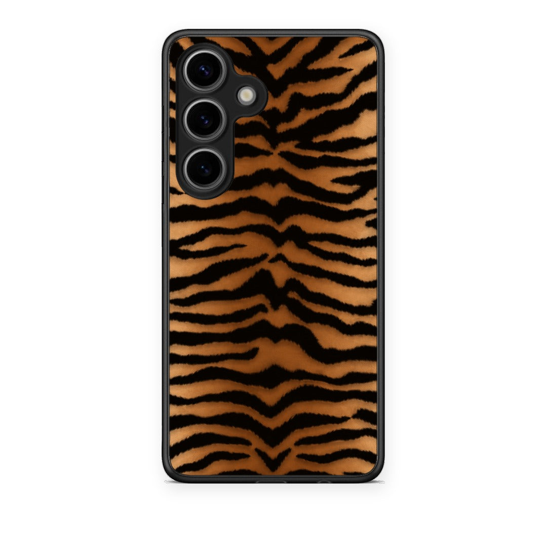Θήκη Samsung Galaxy S25 Tiger Print Orange and Black από τη Smartfits με σχέδιο στο πίσω μέρος και μαύρο περίβλημα | Samsung Galaxy S25 Tiger Print Orange and Black case with colorful back and black bezels